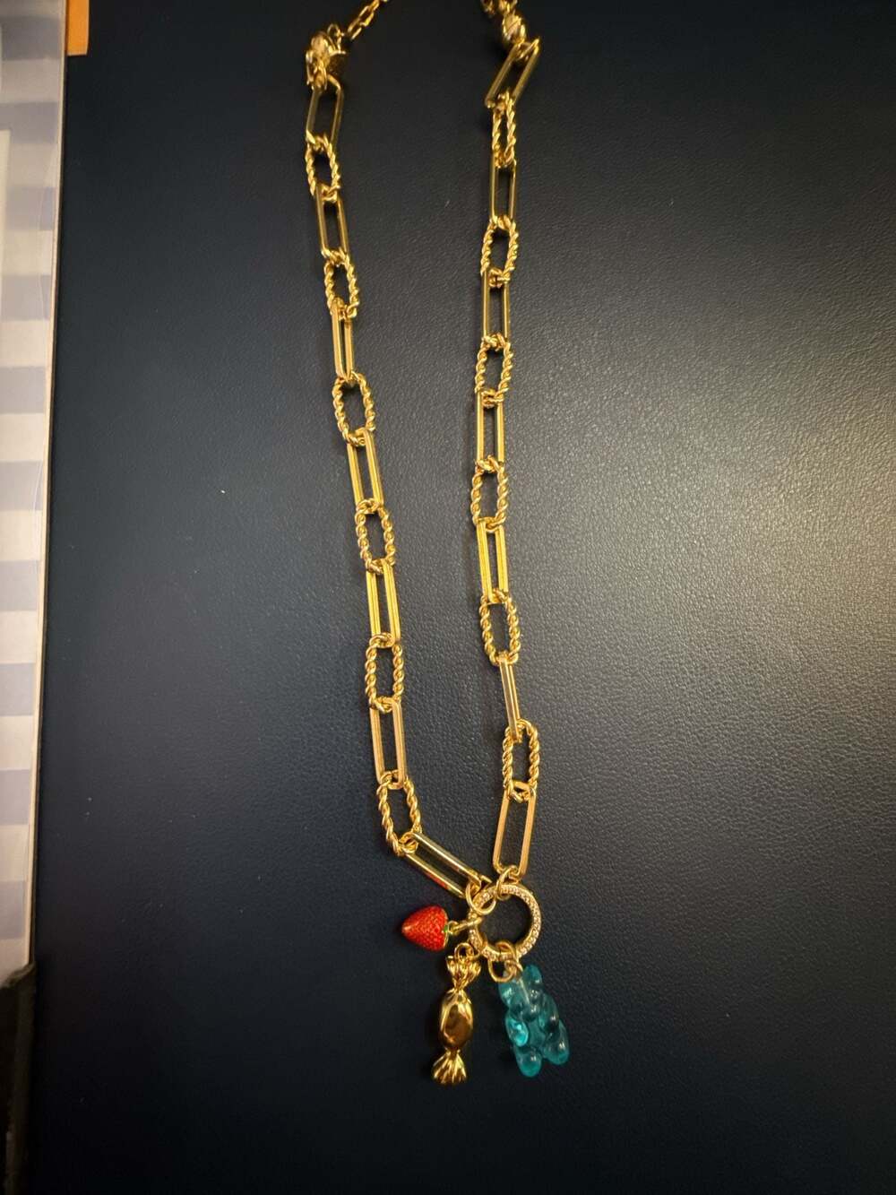 Gold Tone Paperclip Chain Necklace with Gummy Bear Candy and Strawberry Charms